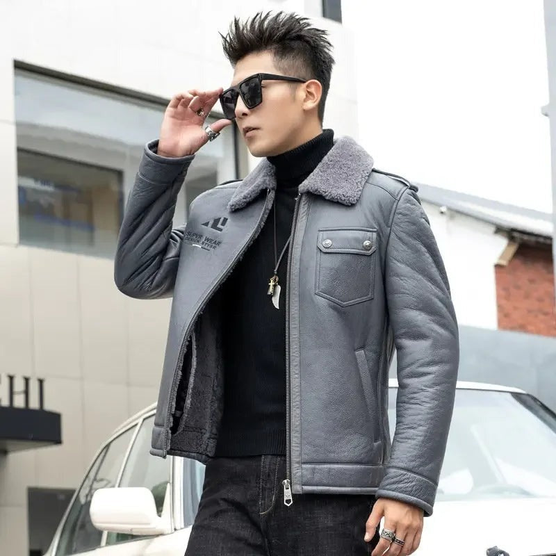 Teezify Men’s Genuine Leather Sheepskin Fur Motorcycle Jacket – Rugged & Luxurious