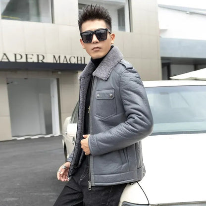 Teezify Men’s Genuine Leather Sheepskin Fur Motorcycle Jacket – Rugged & Luxurious