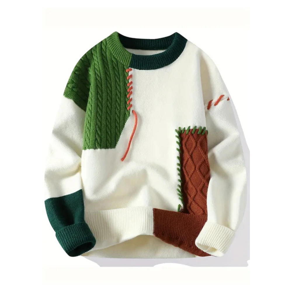 🧶 DryBliss Patchwork Knit Sweater – Cozy Retro Streetwear Comfort
