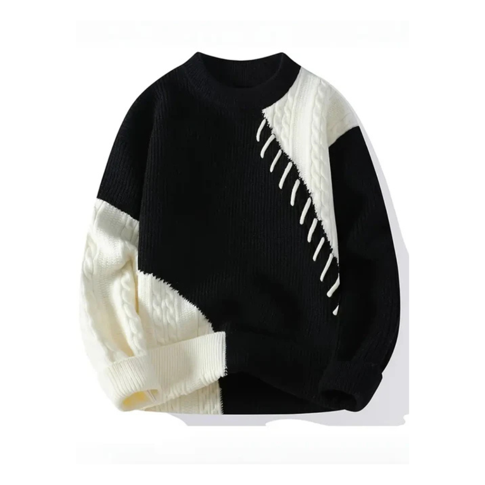 🖤 DryBliss Monochrome Patch Knit Sweater – Bold Contrast, Effortless Comfort