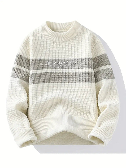 Teezify Textured Knit Sweater – Unisex Cream & Gray Block Stripe
