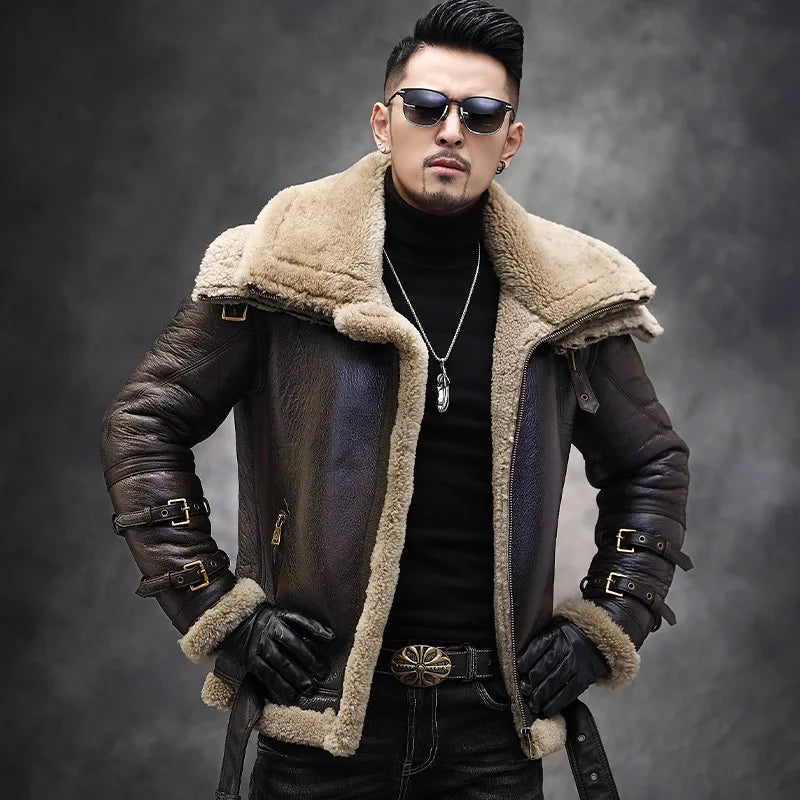 Teezify Men’s Genuine Leather Sheepskin Fur Motorcycle Jacket – Classic Aviator Style