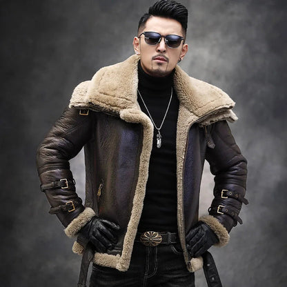 Teezify Men’s Genuine Leather Sheepskin Fur Motorcycle Jacket – Classic Aviator Style