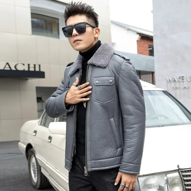 Teezify Men’s Genuine Leather Sheepskin Fur Motorcycle Jacket – Rugged & Luxurious