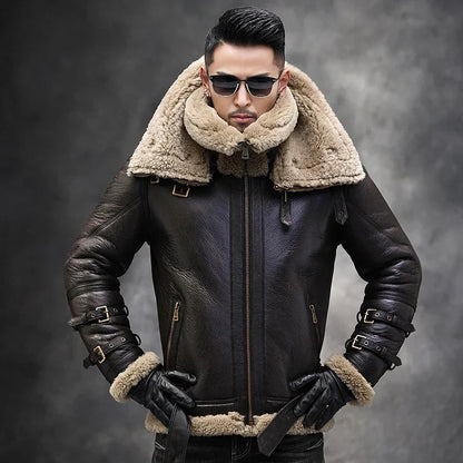 Teezify Men’s Genuine Leather Sheepskin Fur Motorcycle Jacket – Classic Aviator Style