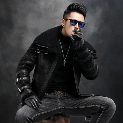 Teezify Men’s Genuine Leather Sheepskin Fur Motorcycle Jacket – Classic Aviator Style